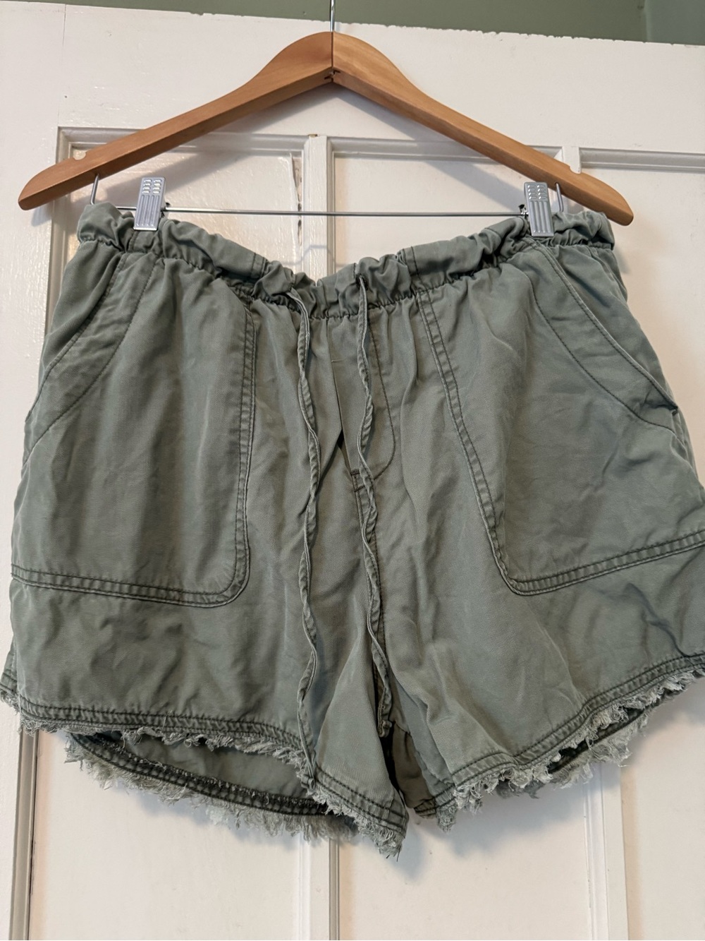 Time and Tru Sage Green Drawstring Frayed-Hem Shorts
